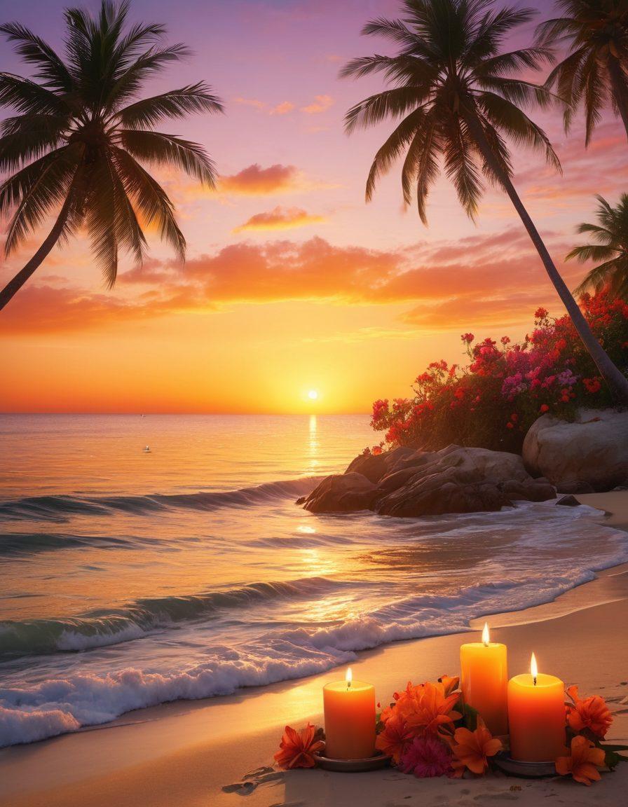 A serene tropical paradise with soft, warm lighting, featuring a couple entwined in a loving embrace on a secluded beach at sunset, surrounded by lush palm trees and vibrant flowers. Include elements that symbolize sensuality, such as soft fabrics and delicate candles, creating an intimate atmosphere. The ocean should gently lap at the shore, reflecting the warm hues of the sunset. Convey a feeling of ecstasy and tranquility. super-realistic. vibrant colors. dreamy atmosphere.