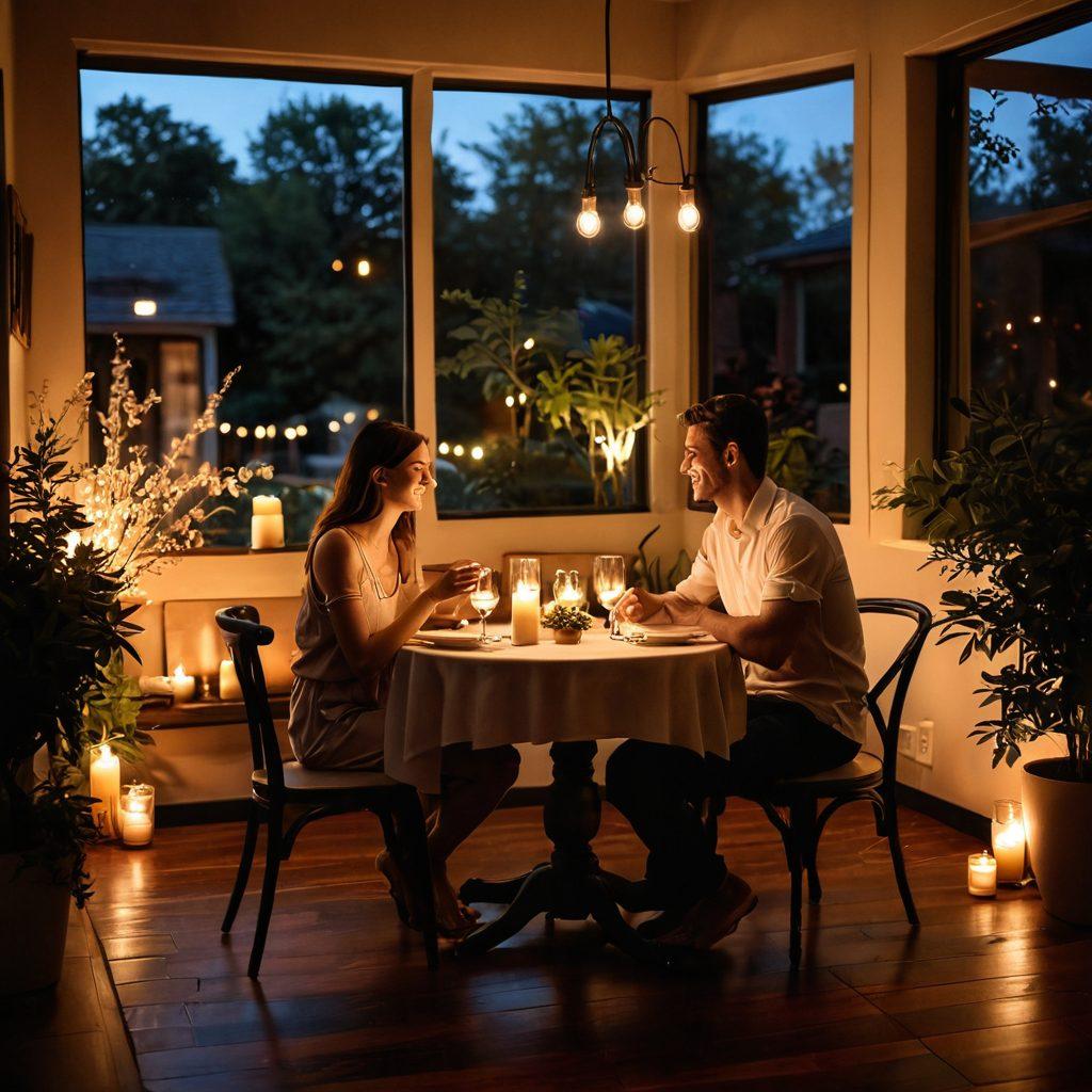 A serene and cozy scene depicting a couple enjoying a quiet moment together in a beautifully designed intimate space, surrounded by soft lighting and warm colors. Elements of joy and connection are illustrated through their laughter, soft touches, and playful interactions, showcasing a sense of bliss and romance. Include decorative touches like plants, candles, and a romantic dinner setting to evoke feelings of closeness. super-realistic. warm tones. soft focus.