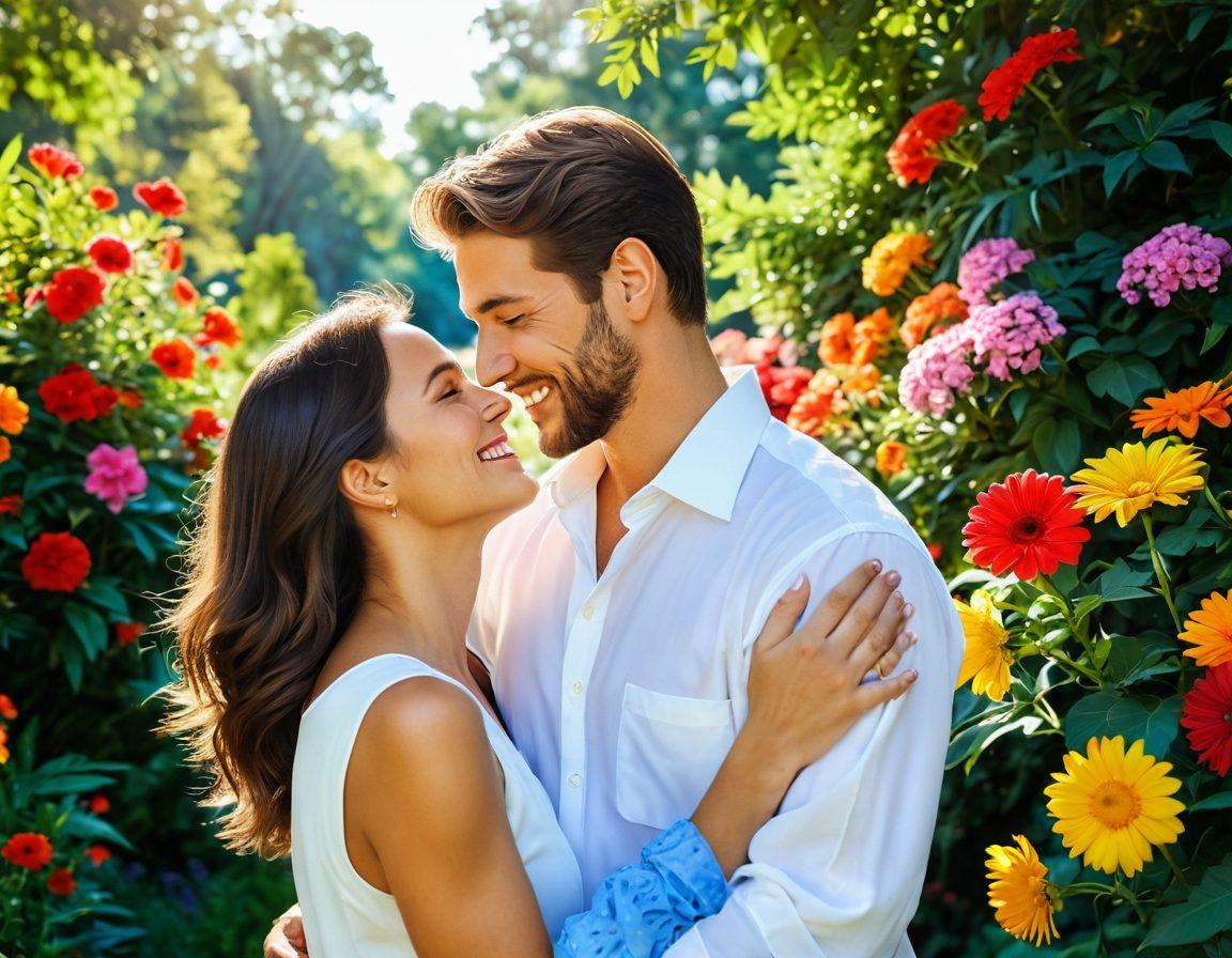 A serene couple enjoying a joyful moment together, surrounded by vibrant flowers and soft sunlight, with playful expressions and a backdrop of lush green trees. Represent the essence of connection and happiness, showcasing their hands intertwined and laughter in their eyes. The scene should evoke feelings of warmth and love. super-realistic. vibrant colors. peaceful atmosphere.